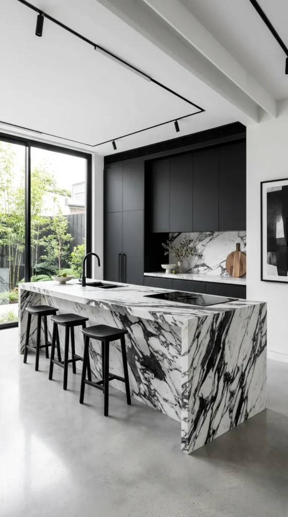 Black and White Marble with Minimalist Cabinetry