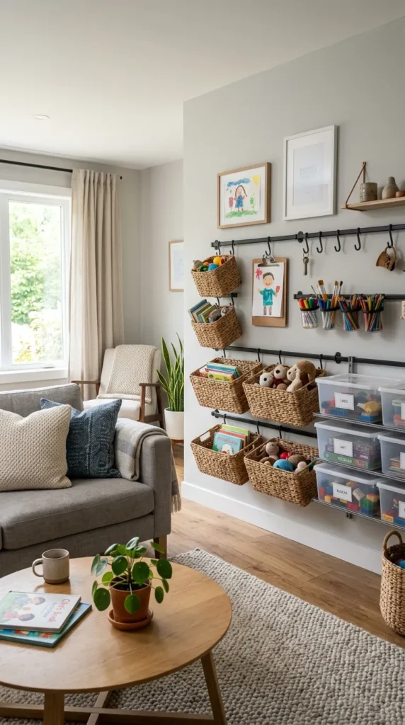 Wall-Mounted Rail Storage for Art Supplies and Smaller Toys