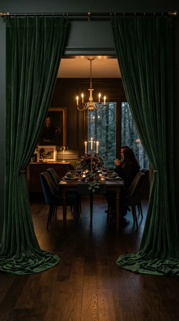 Heavy Drapes in Deep Tones Pooling on the Floor