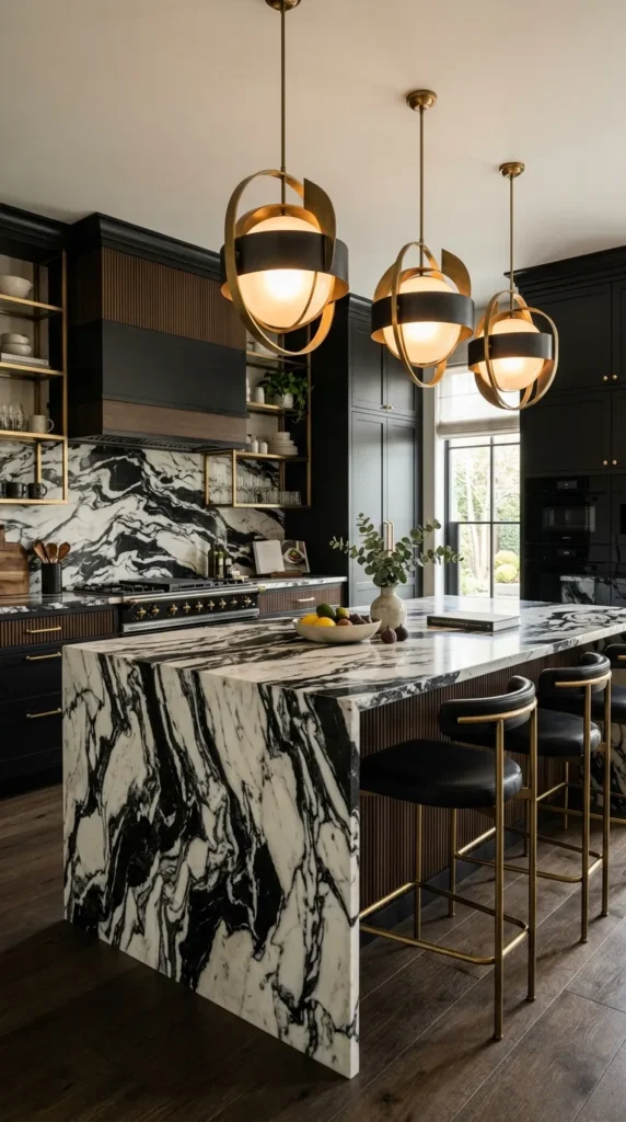 Black and White Countertops with Statement Lighting