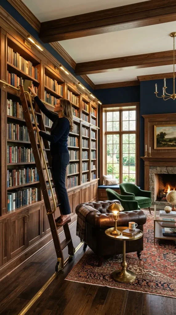 Built-In Bookshelves with a Rolling Library Ladder