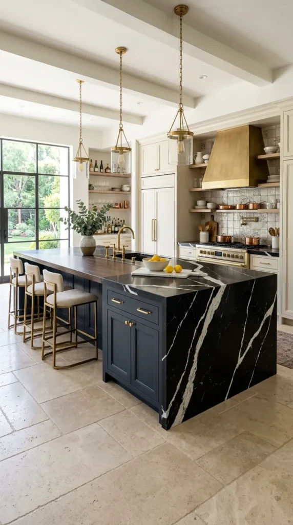 Black and White Countertops with Light Stone Flooring