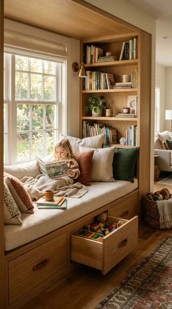 A Reading Nook With Built-In Toy Storage Beneath