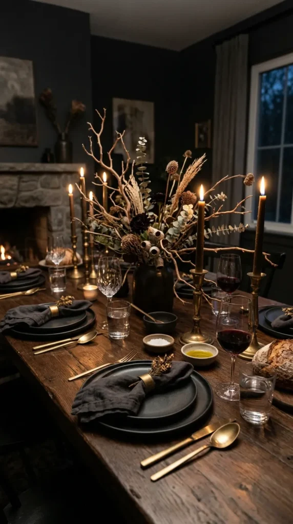 Moody Tablescape with Dark Linens and Natural Elements