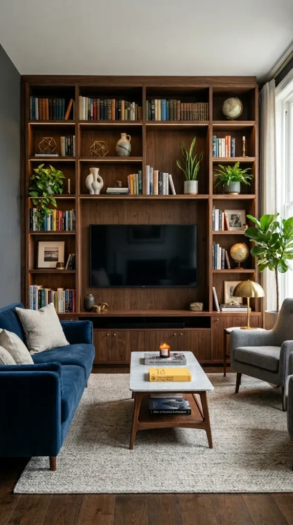 Built-In Shelves Around a Television