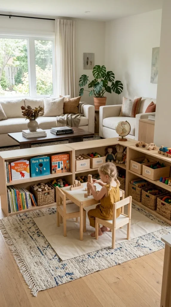 A Dedicated Toy Zone Defined by a Rug and Open Storage