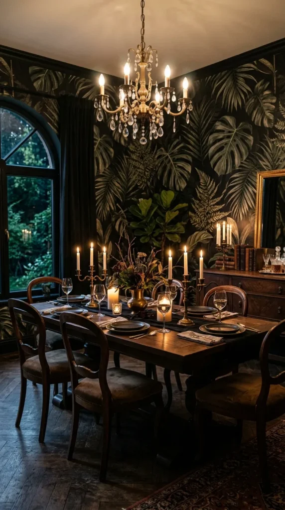 Dark Botanical Wallpaper on All Four Walls