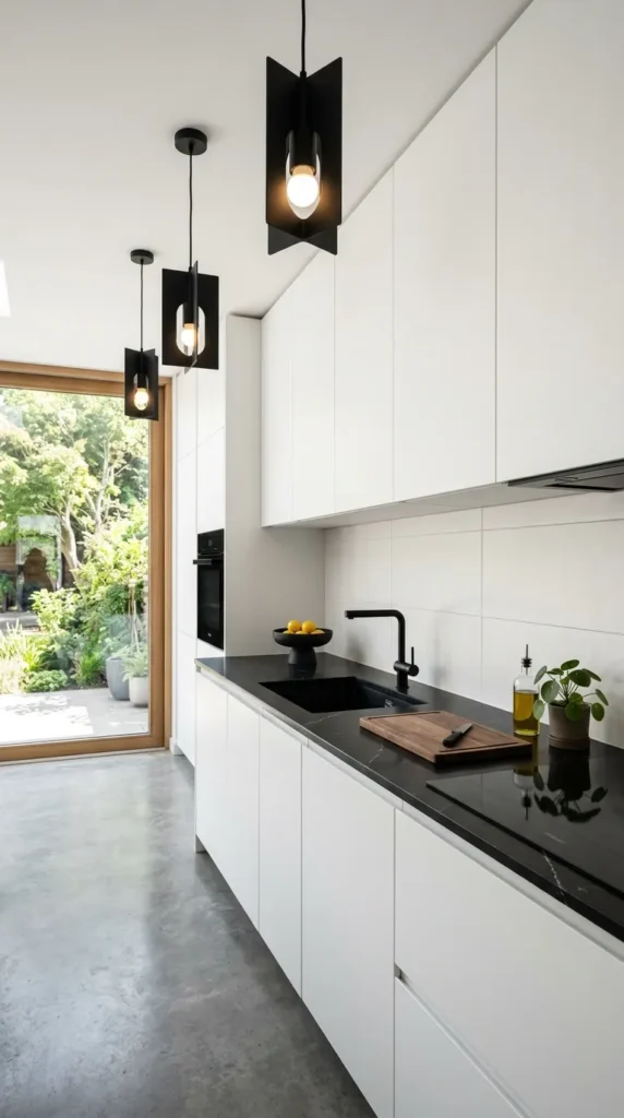 Solid Black Countertops with White Cabinetry