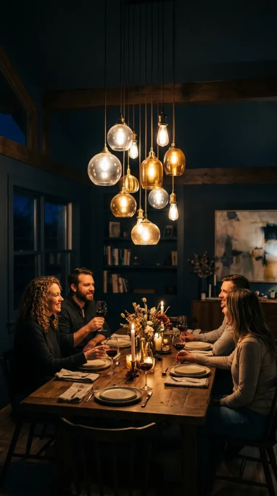 Moody Lighting with Pendant Clusters and Dimmers