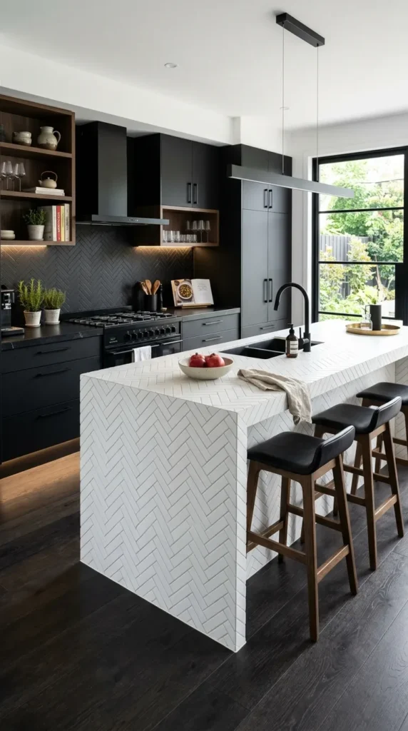 Black Countertops with White Subway Tile Island