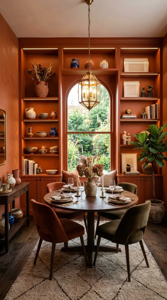 Burnt Orange With Built Ins Painted to Disappear Into the Walls