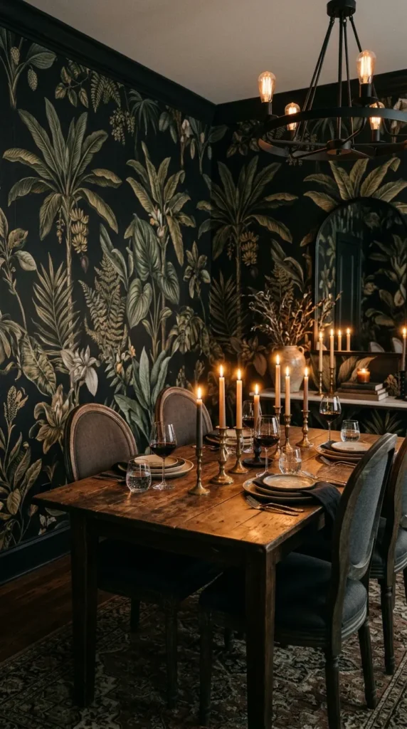 Dramatic Dark Wallpaper with Botanical or Abstract Patterns
