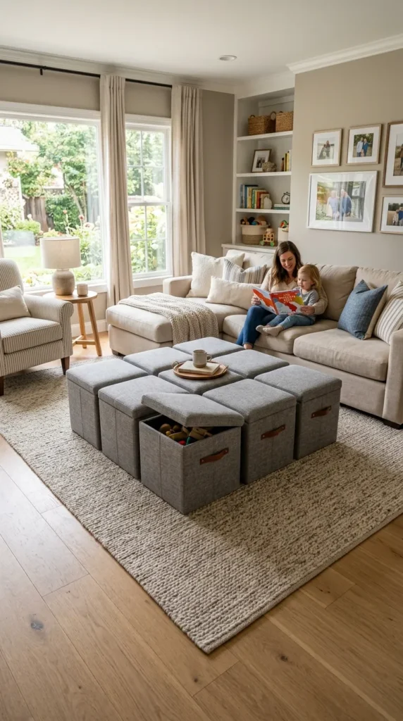 Fabric Cube Storage Ottomans in a Grid Formation