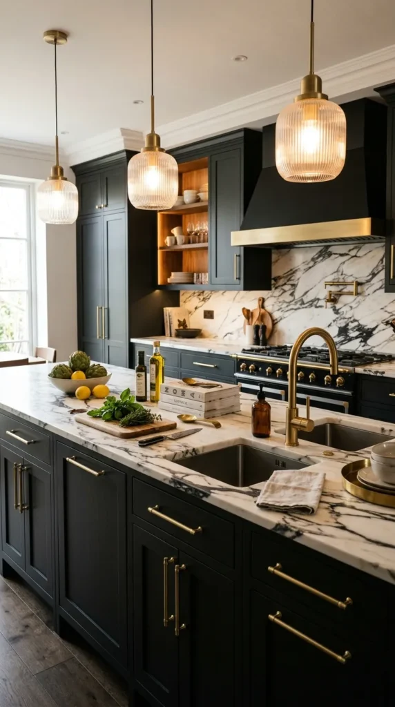 Black and White Marble with Brass Hardware