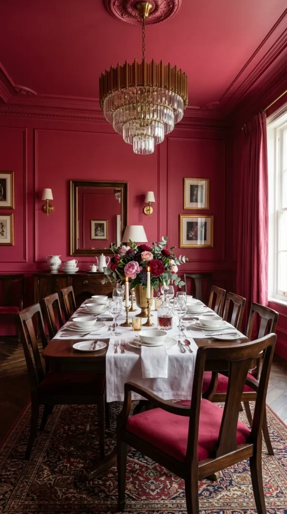 Warm Raspberry Drench With Dark Wood Furniture