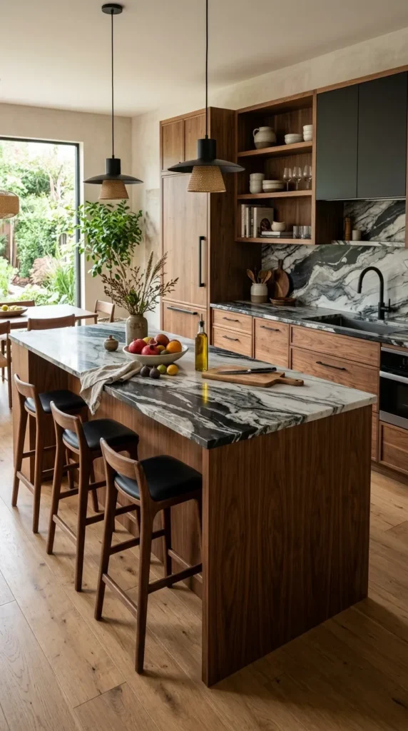 Black and White Countertops with Wood Cabinetry