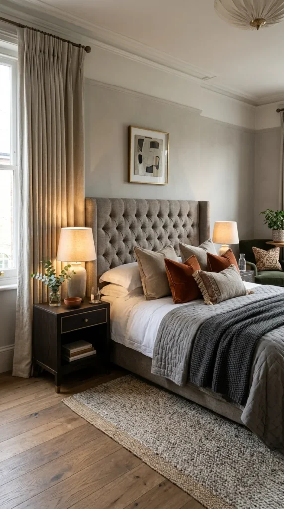 A Master Bedroom With an Upholstered Bed and Coordinating Textiles