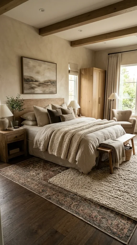 A Master Bedroom With Layered Rugs for Warmth and Texture