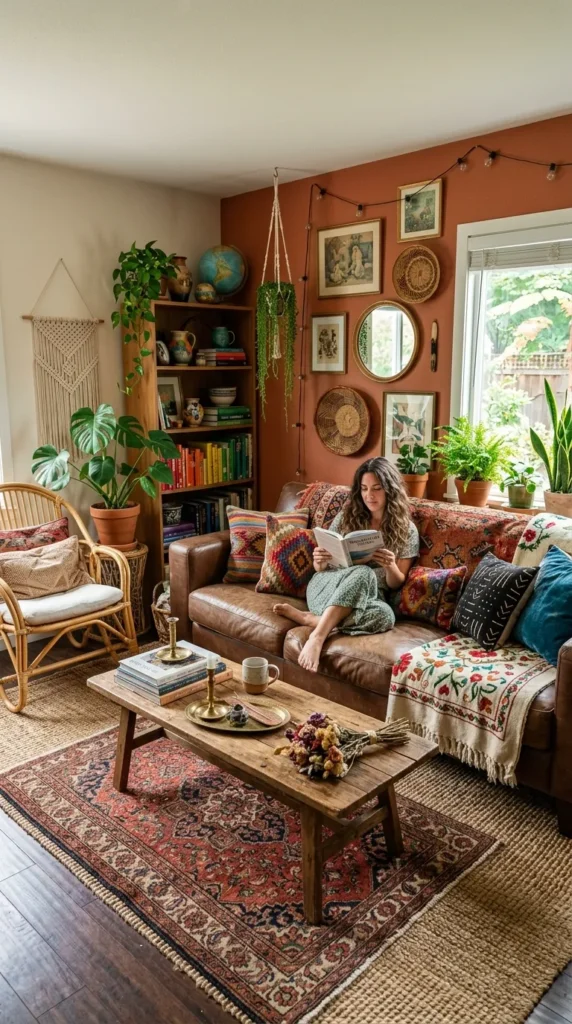 Eclectic and Bohemian Style with Brown Couch