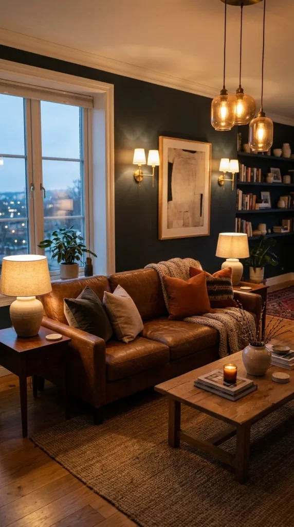 Warm Lighting Design with Brown Couch