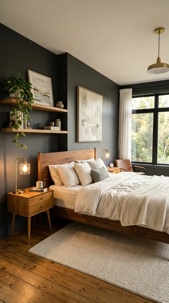 Dark Gray Walls with White Bedding for Timeless Contrast