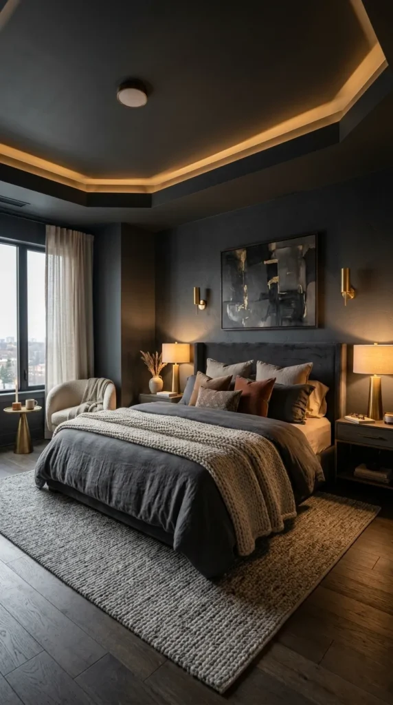Dark Gray Bedroom with Exposed Brick and Industrial Character
