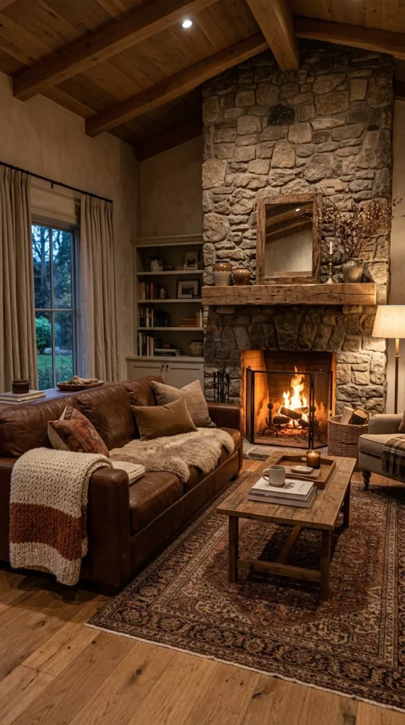 Fireplace and Brown Couch Focal Point