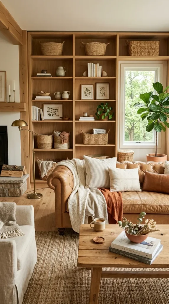 Natural Wood and Leather with Brown Couch