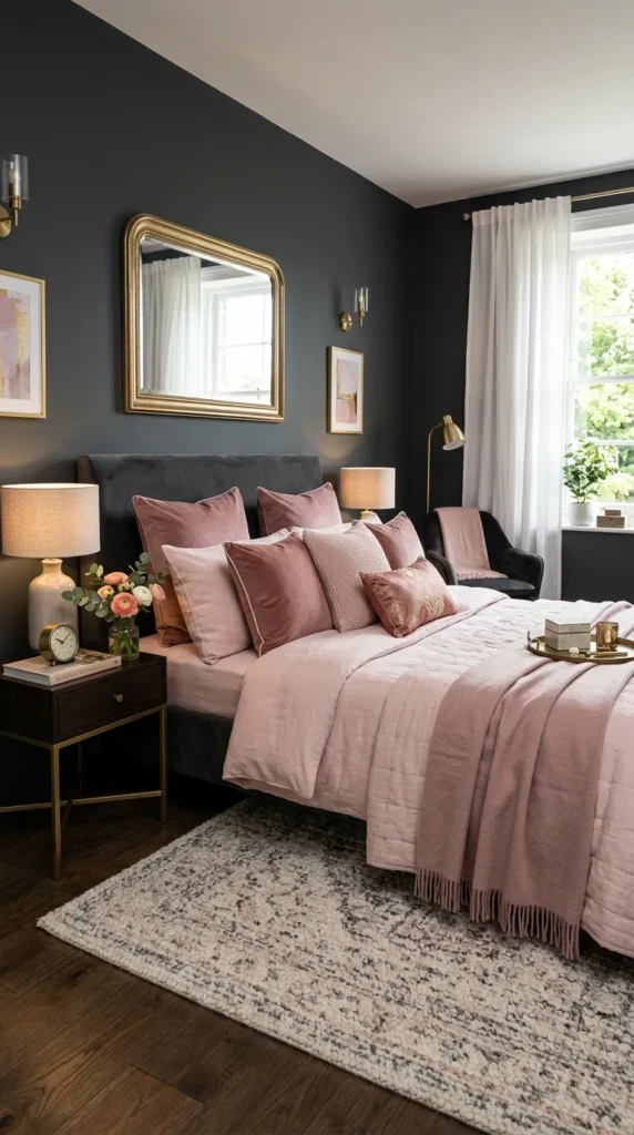 Moody Dark Gray Bedroom with Layered Lighting