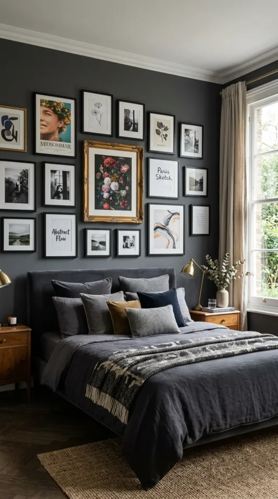 Sophisticated Dark Gray Bedroom with Gallery Wall