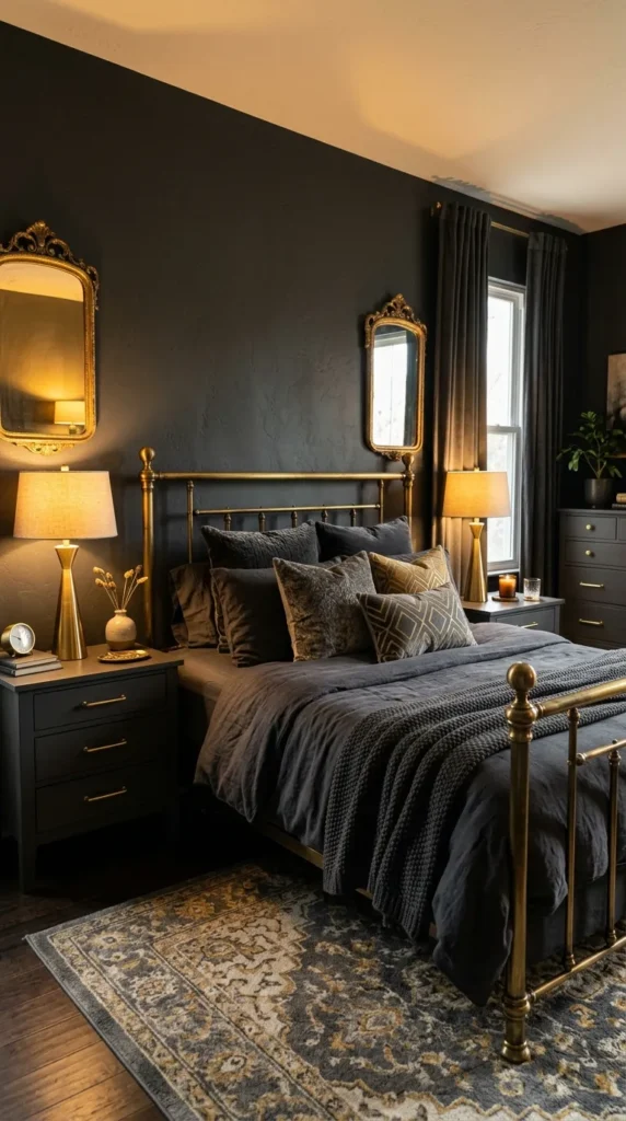 Charcoal Gray Bedroom with Warm Wood Accents