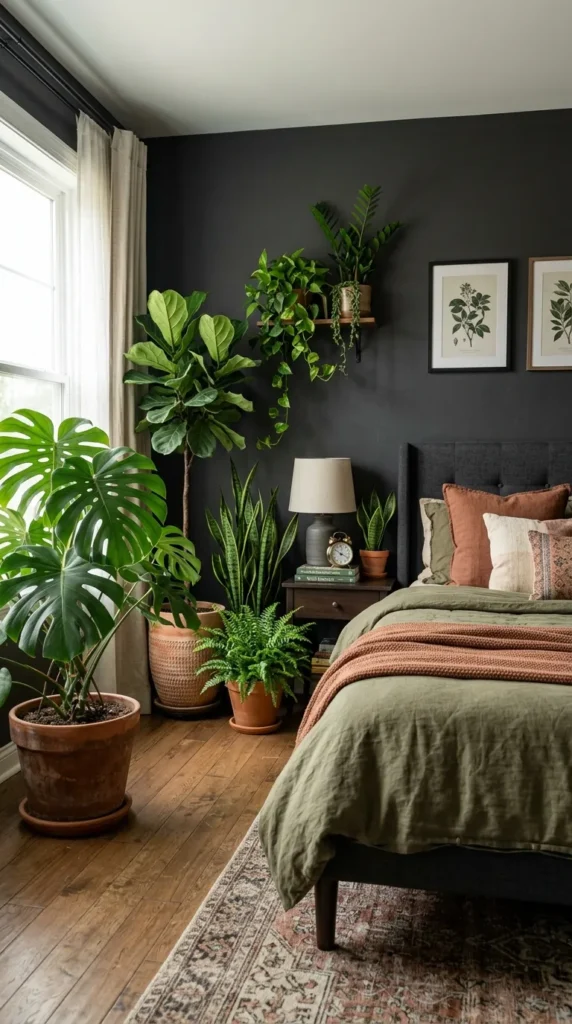 Dark Gray Bedroom with Botanical Greenery