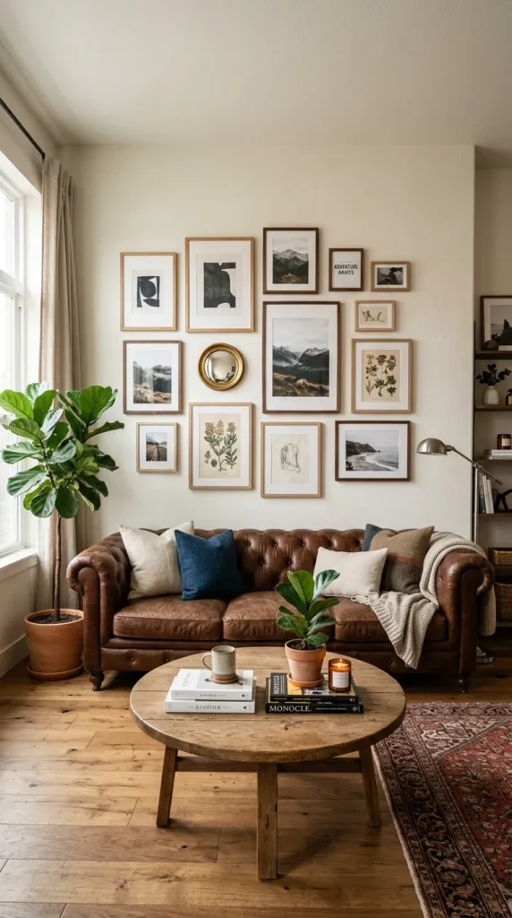  Warm Gallery Wall with Brown Couch