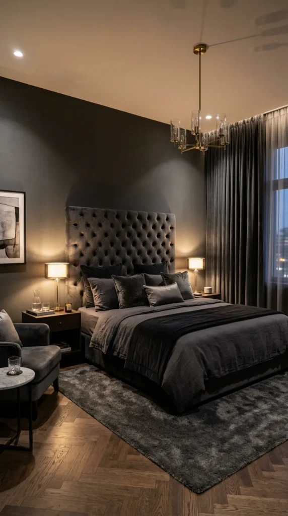 Dark Gray Bedroom with Velvet Textures for Maximum Luxury