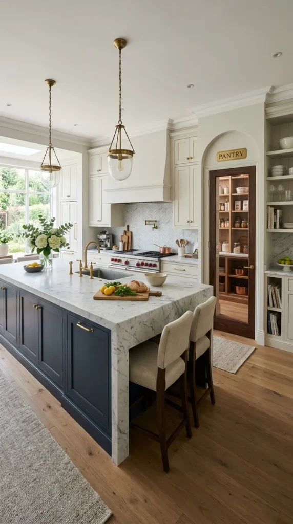The Kitchen Layout with Island and Walk-In Pantry