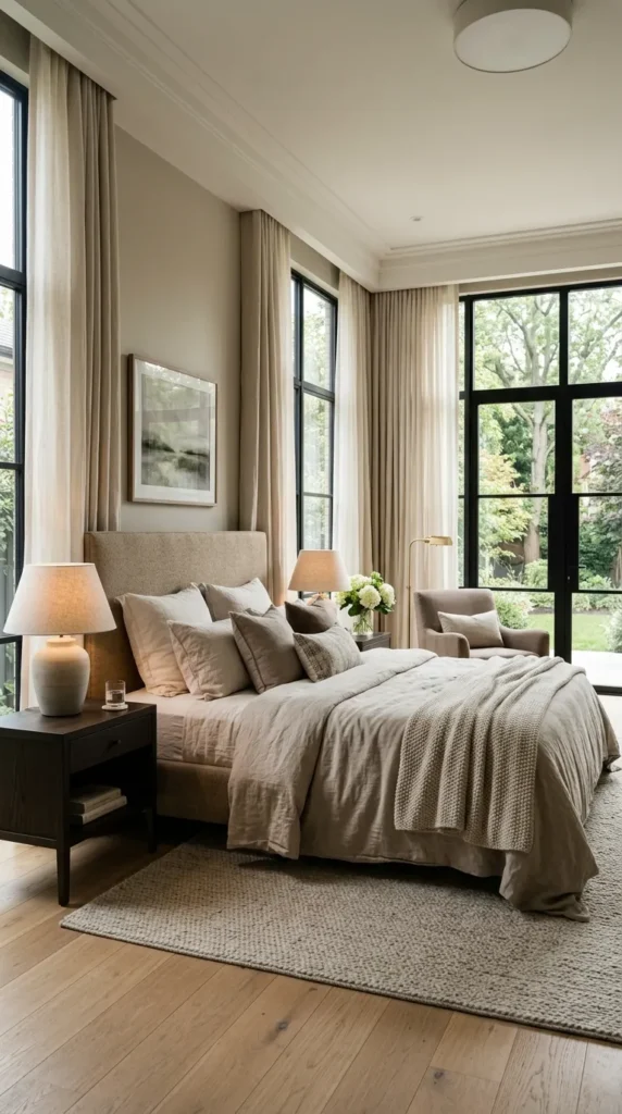 A Master Bedroom With Considered Curtains and Window Treatments