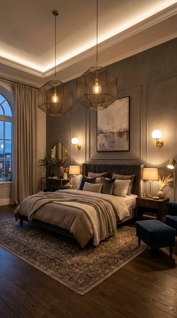 A Master Bedroom With Statement Lighting