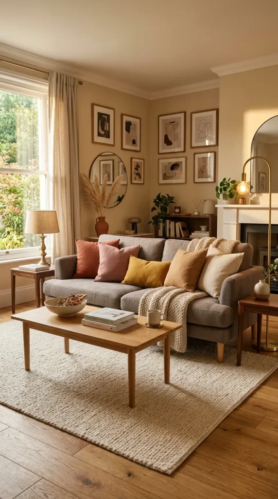 Warm Grey Couch with Warm Accents Creating Coziness