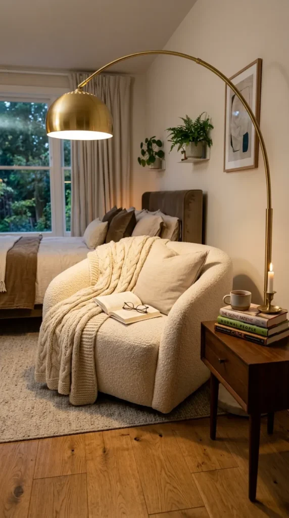 A Tall Arc Floor Lamp in the Bedroom Corner
