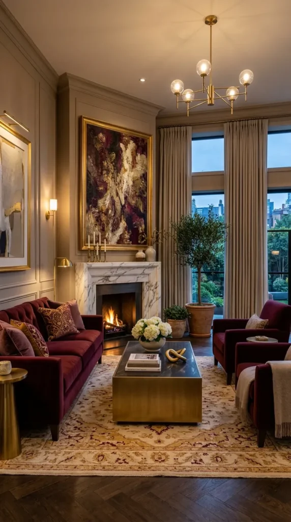 Burgundy and Gold Living Room