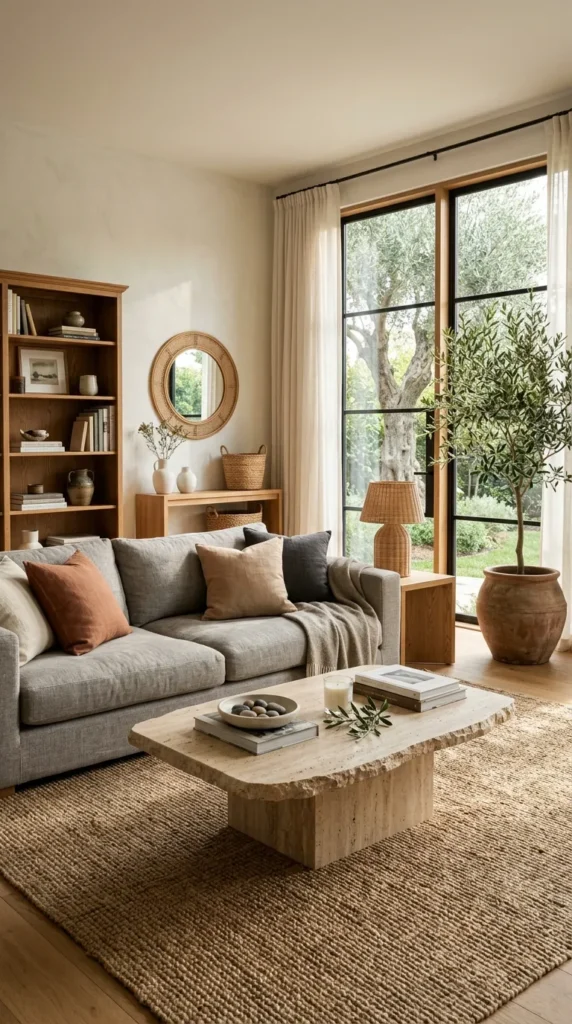 Grey Couch with Natural Materials Creating Warmth