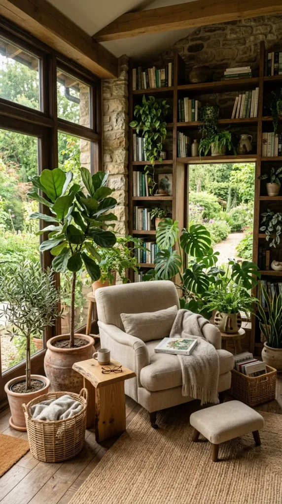 . A Garden Inspired Reading Room With Plants and Natural Materials