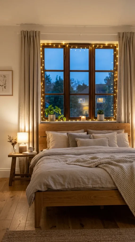 Fairy Lights Along Window Frame