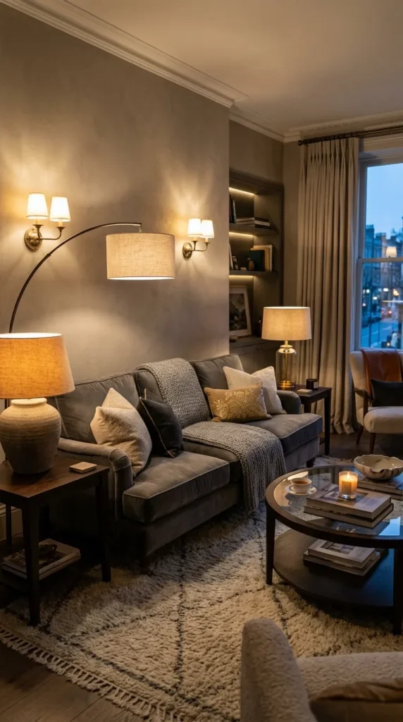 Grey Couch with Layered Lighting Creating Ambiance