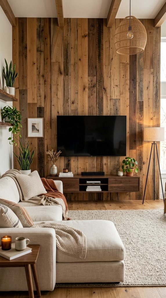 Wooden Accent Wall with Varying Wood Tones