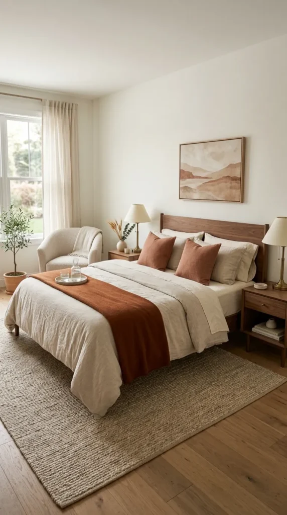 Use Warm Neutral Bedding With Burnt Orange Accents Only