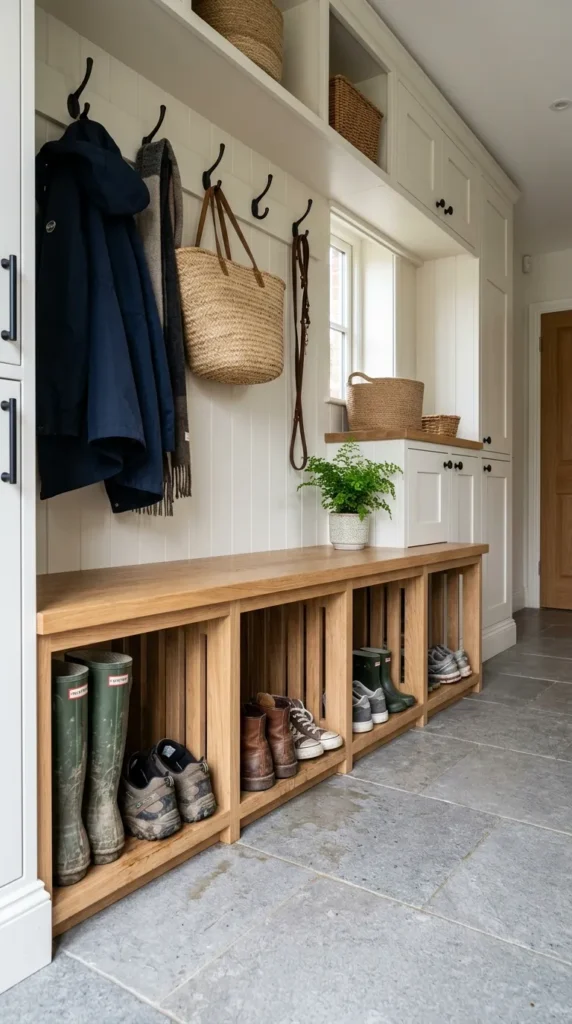  Add a Bench With Ventilated Cubbies for Wet Shoes