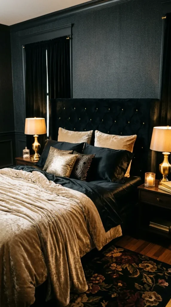 Layer Gold Accent Pillows Against Black Bedding
