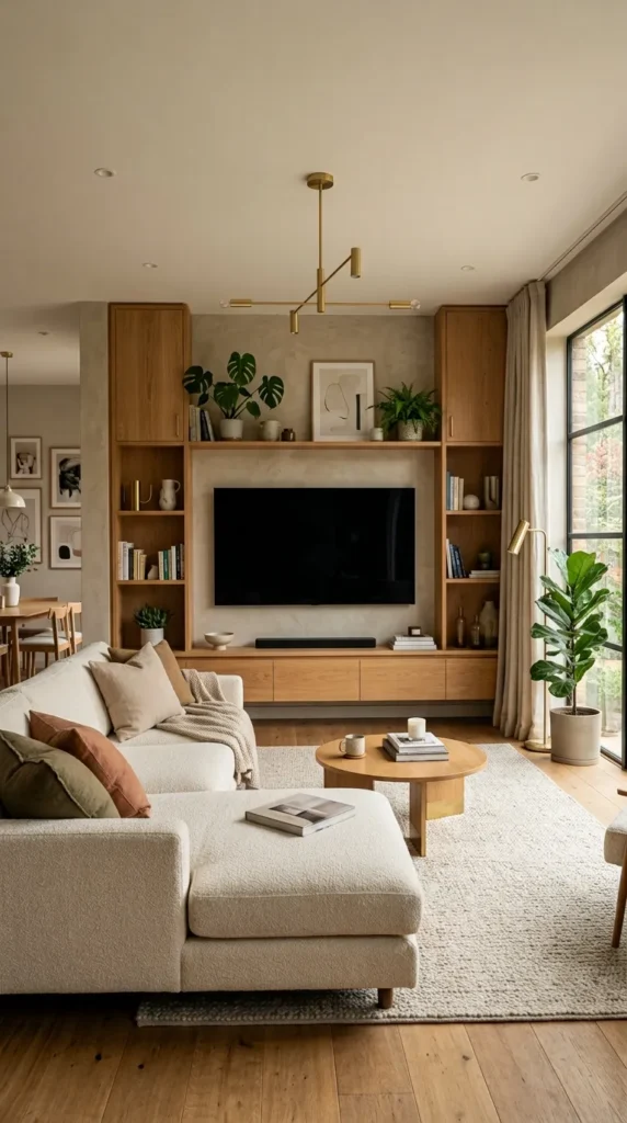 A stunning modern living room featuring a beautifully designed TV wall as the main focal point, large flat-screen TV mounted centrally against an elegant textured accent wall, warm natural wood built-in shelving surrounding the television, carefully styled books, plants, ceramics and artwork, floating media console beneath the TV, soft cream sectional sofa facing the screen, warm wood flooring, cozy layered lighting, subtle brass accents, sophisticated neutral color palette, realistic lived-in styling, balanced composition showing how the TV becomes part of the overall interior design rather than looking like an afterthought, high-end interior design editorial photography, photorealistic, natural materials, realistic lighting and shadows, no people, no text, no watermark, wide horizontal composition, 16:9 landscape format.